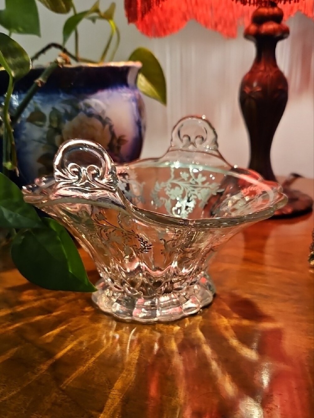Vintage Silver Overlay Doubled Handled Glass Dish - 1950s